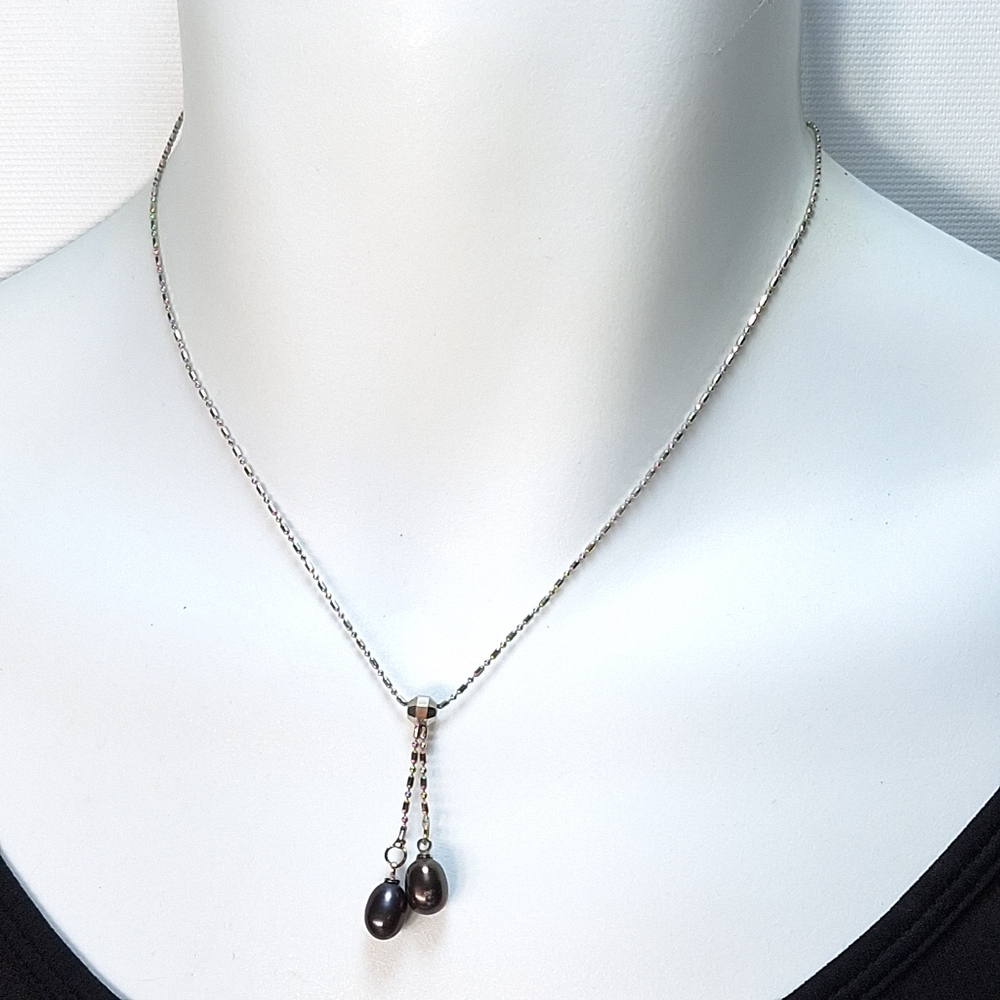 Silver Tone Bar Ball Link Chain Lariat Double Faux Tahitian Pearl Pendant